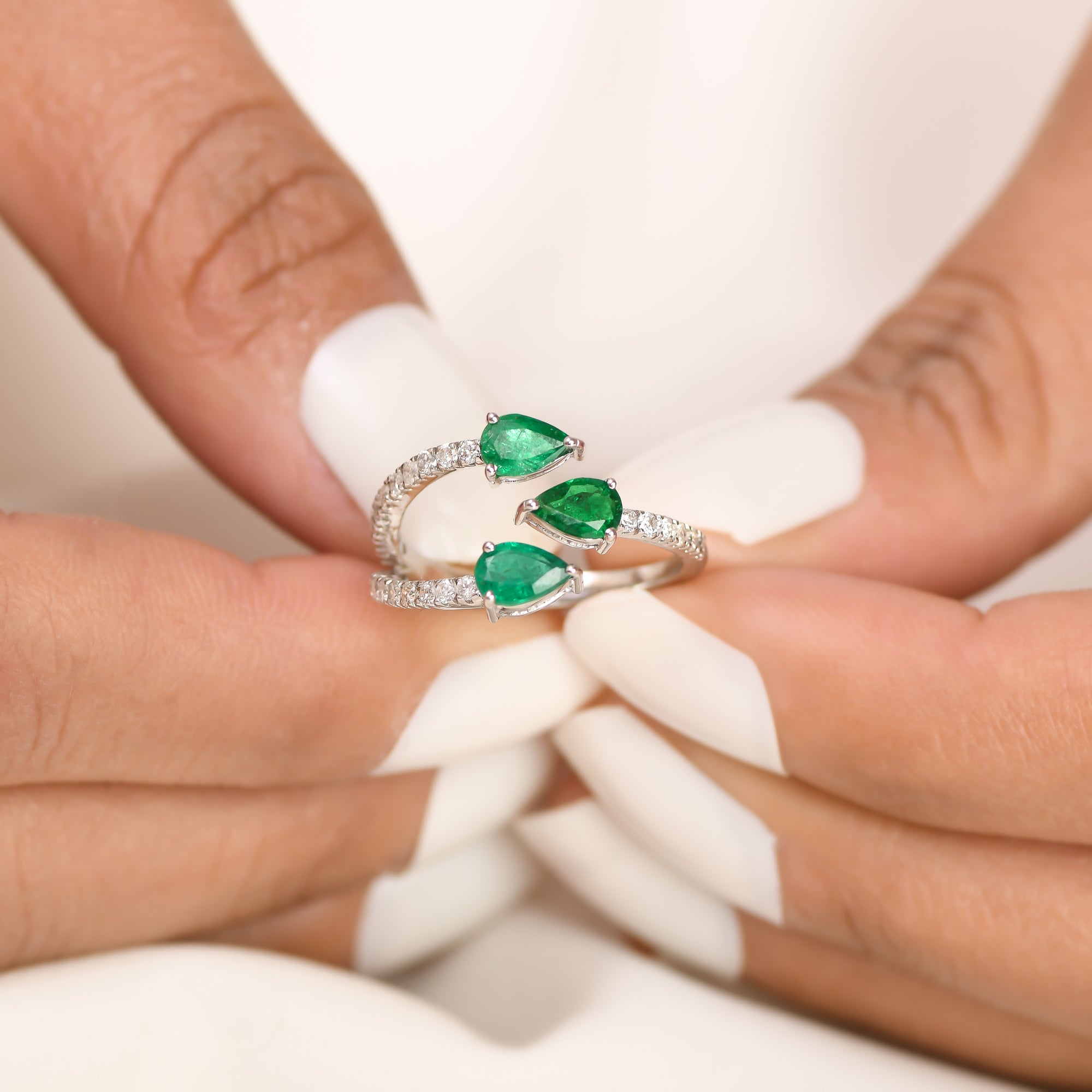 Emerald Three Pear Diamond Ring