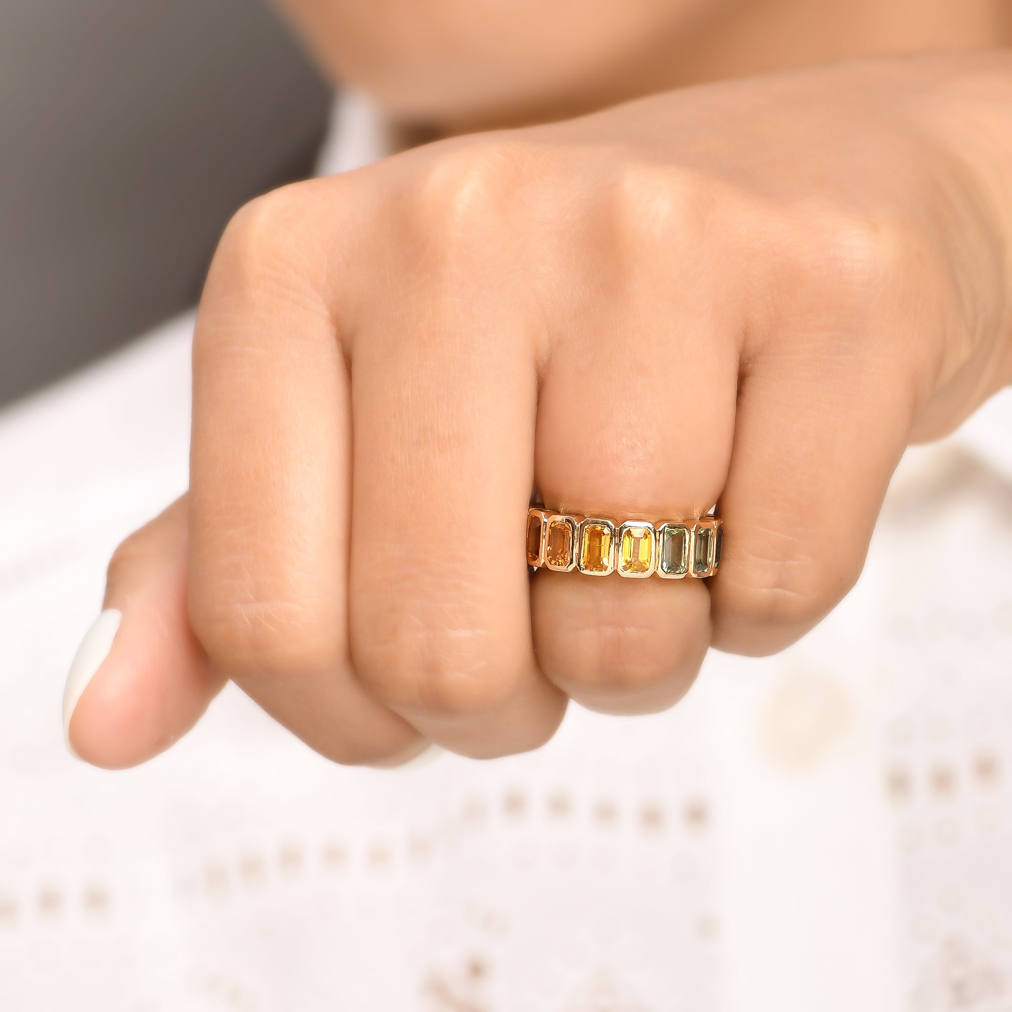 Rainbow Sapphire Octagon Bezel Set Ring - qivii