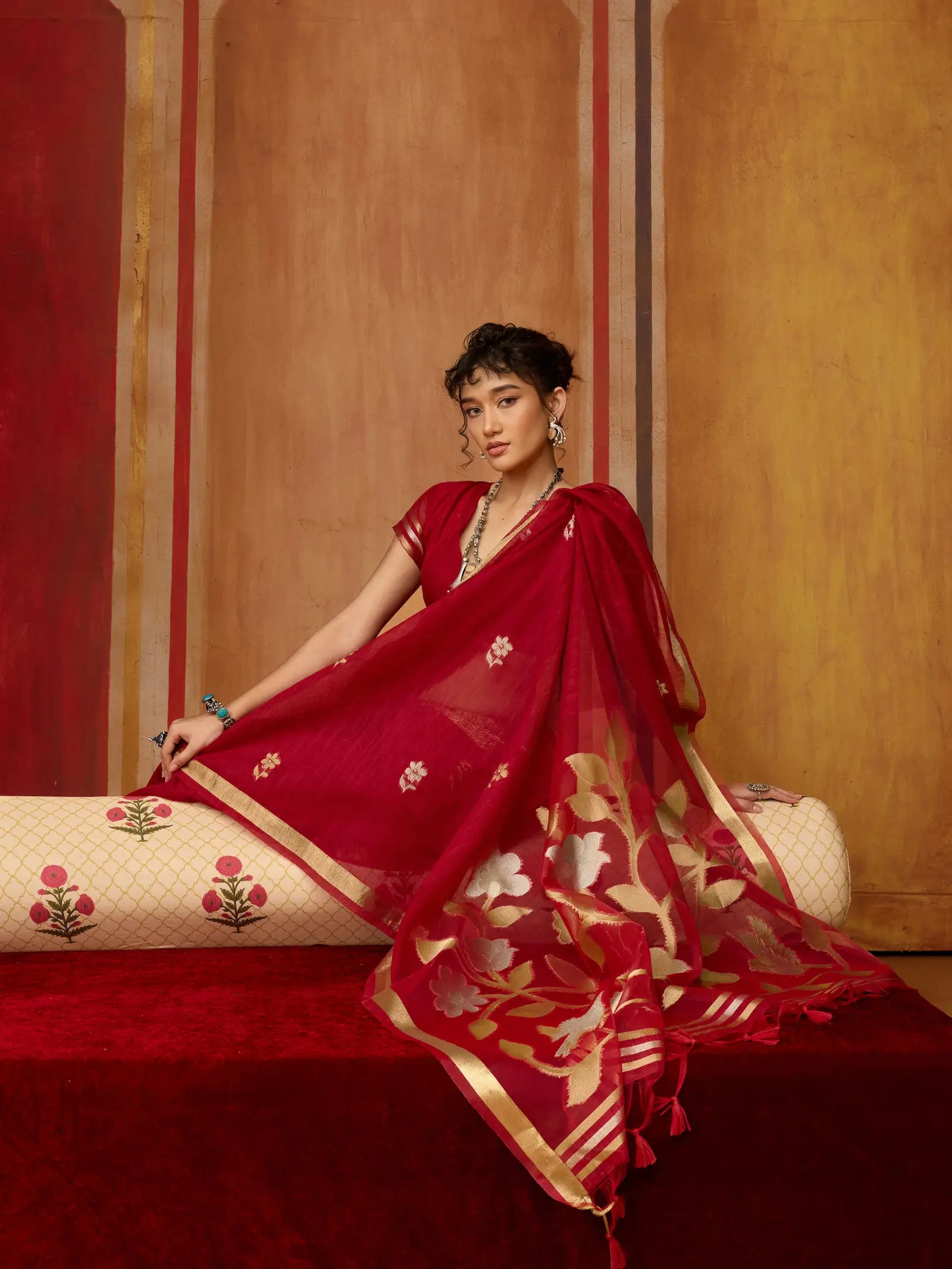 Scarlet Red Silk Zari Weaving Saree