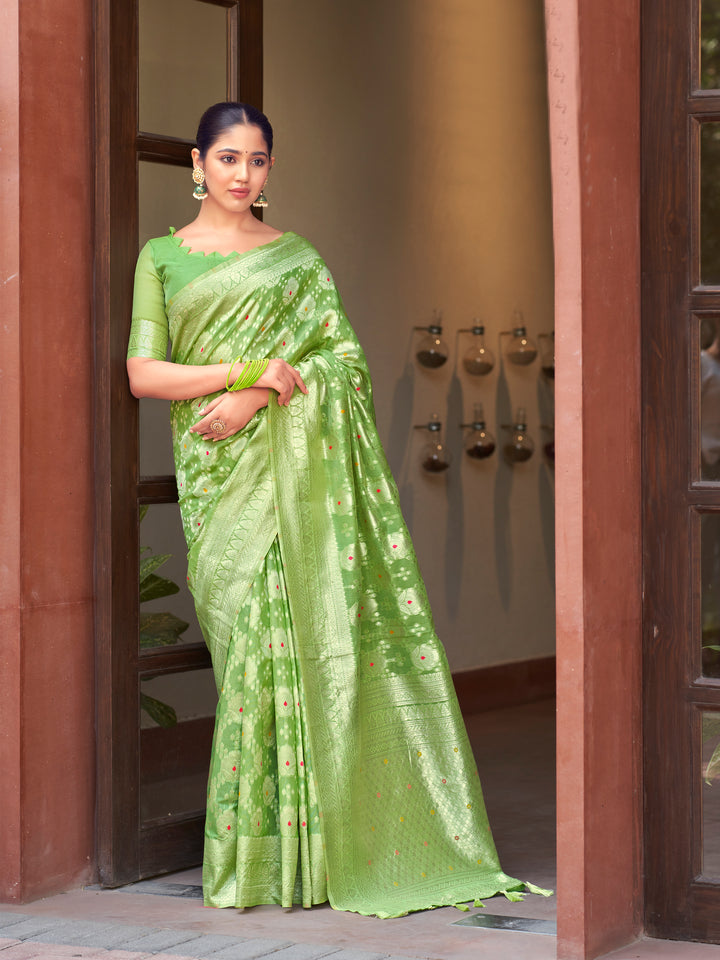 GREEN COLOR LINEN LUCKNOWI WEAVING SILK SAREE