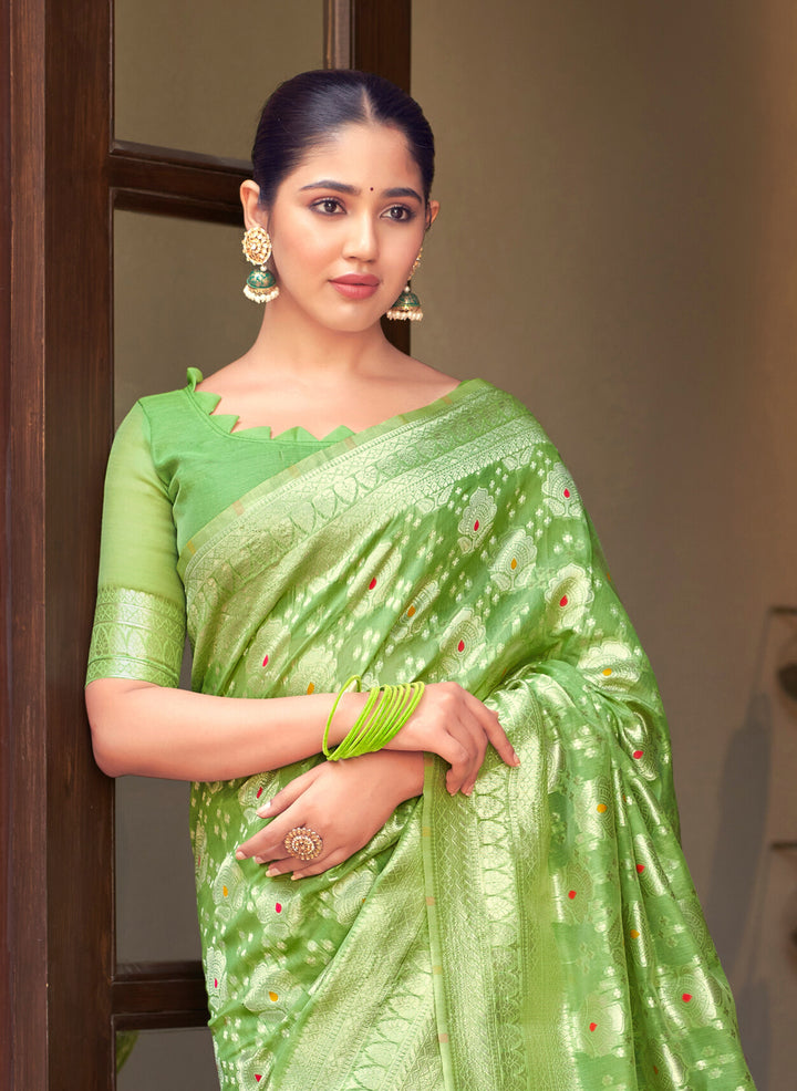 GREEN COLOR LINEN LUCKNOWI WEAVING SILK SAREE