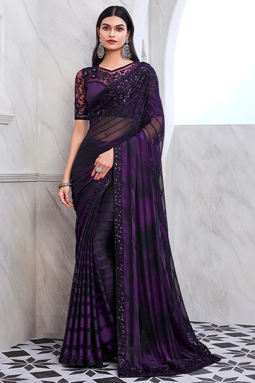 Beautiful Jamun Pattern Silk Dark Purple Saree With Blouse