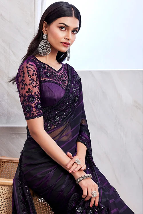 Beautiful Jamun Pattern Silk Dark Purple Saree With Blouse