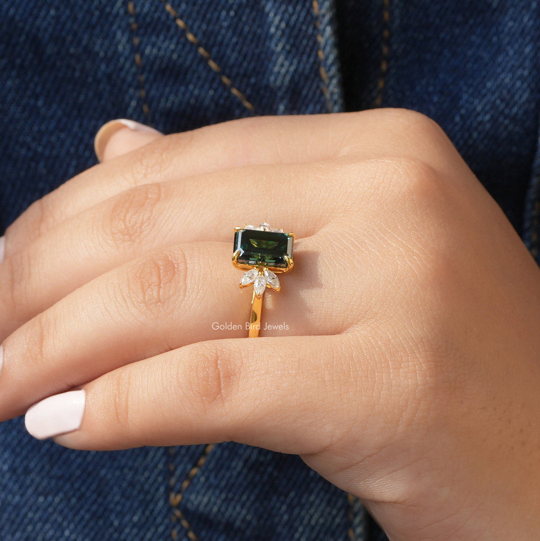 Dark Green Emerald And Marquise Cut Engagement Ring