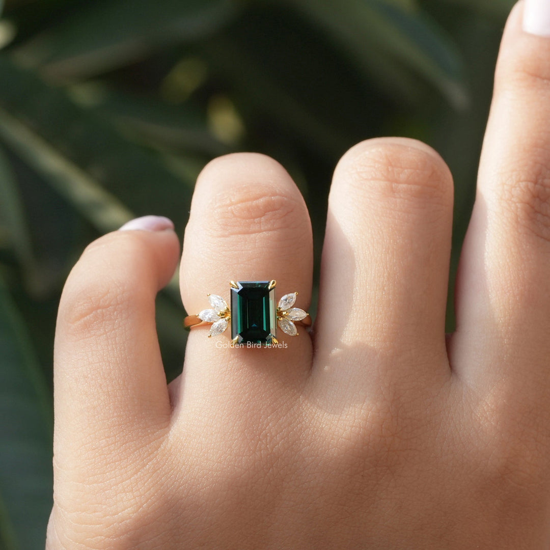 Dark Green Emerald And Marquise Cut Engagement Ring