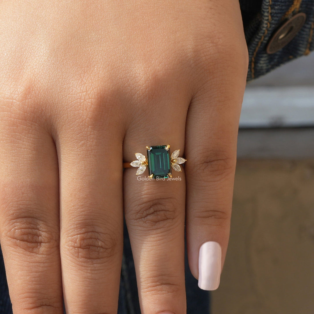 Dark Green Emerald And Marquise Cut Engagement Ring