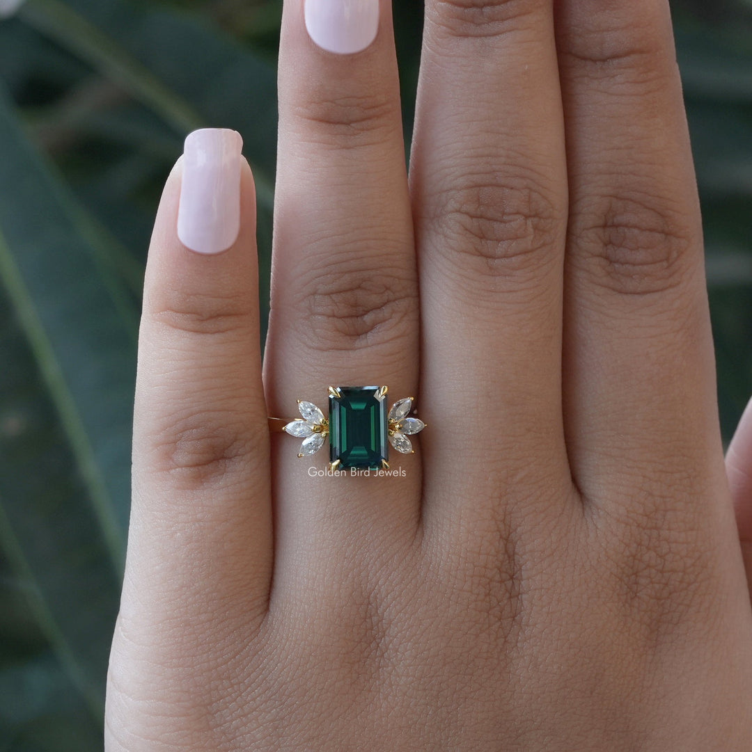 Dark Green Emerald And Marquise Cut Engagement Ring