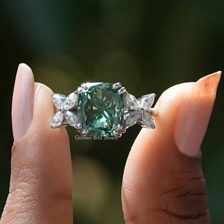 Dark Green Cushion Cut Moissanite Engagement Ring