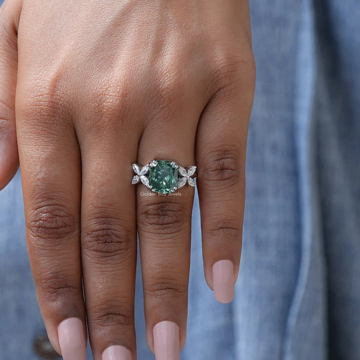 Dark Green Cushion Cut Moissanite Engagement Ring