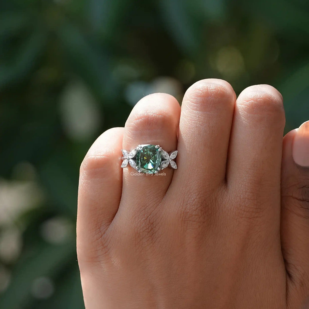 Dark Green Cushion Cut Moissanite Engagement Ring