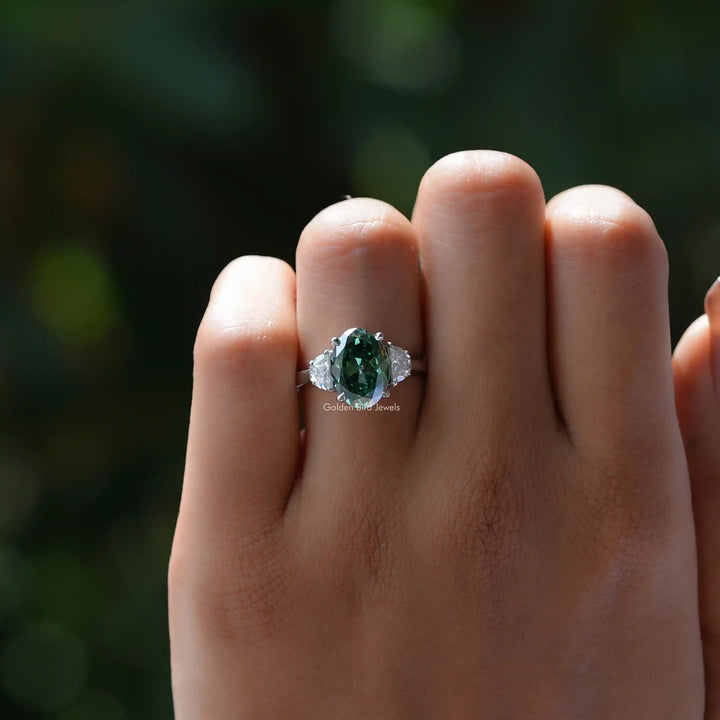 Dark Green Old Mine Oval Moissanite Three Stone Ring