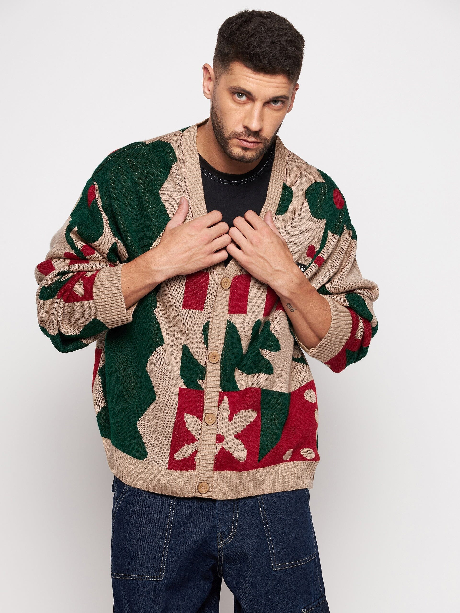 Beige Abstract Oversized Cardigan