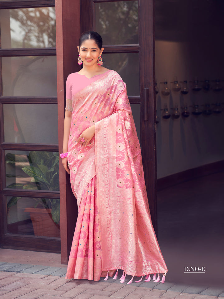 PEACH COLOR LINEN LUCKNOWI WEAVING SILK SAREE