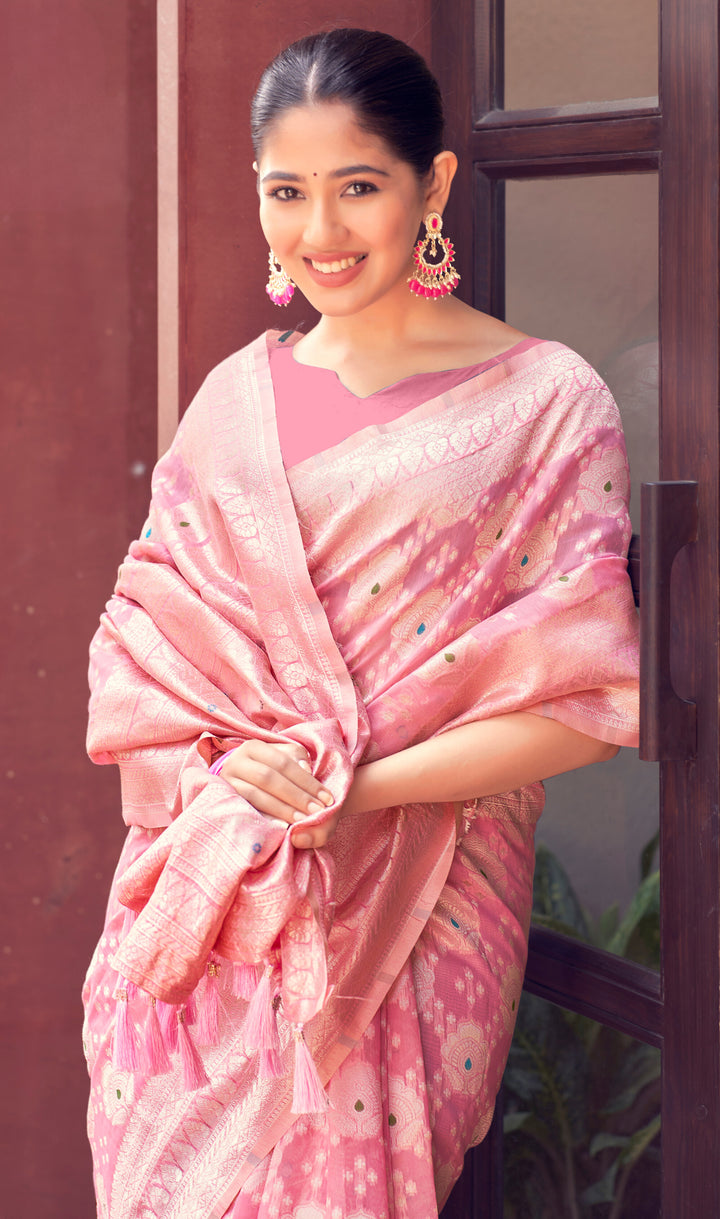 PEACH COLOR LINEN LUCKNOWI WEAVING SILK SAREE