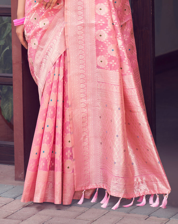 PEACH COLOR LINEN LUCKNOWI WEAVING SILK SAREE