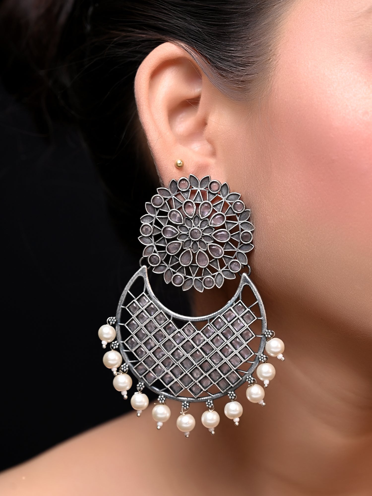 Ajisha Baby Pink Oxidised Chandbali - qivii