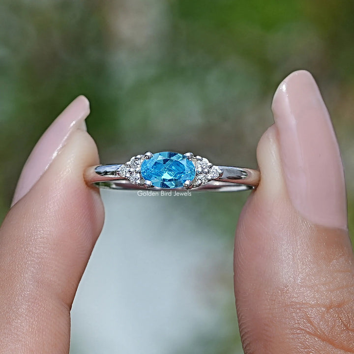 East West Aqua marine Oval Cut Gemstone Ring