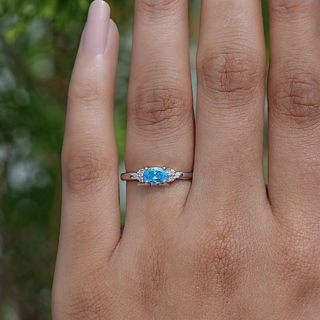 East West Aqua marine Oval Cut Gemstone Ring