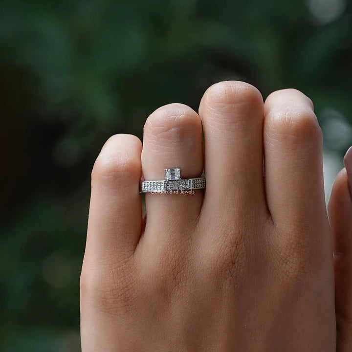 East West Emerald Cut Moissanite Pave Ring