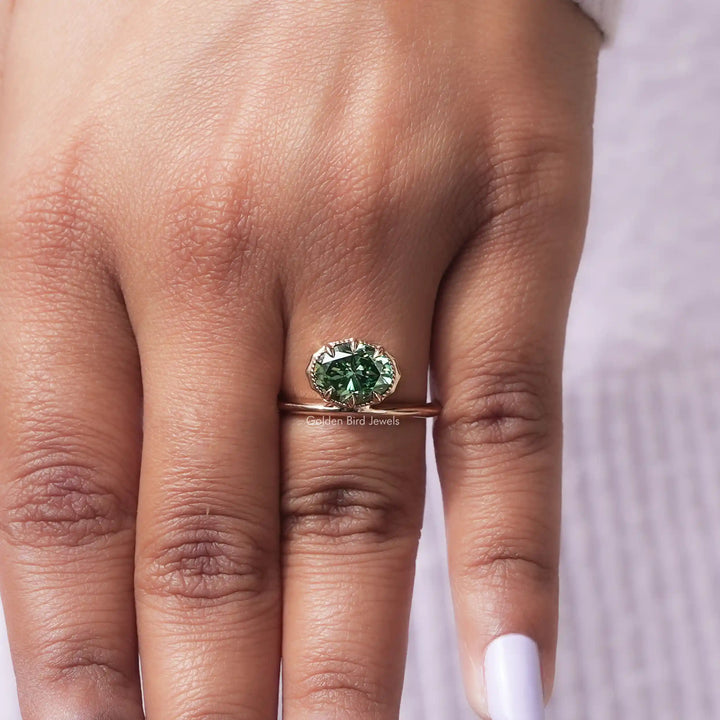 East West Dark Green Oval Cut Moissanite Solitaire Ring