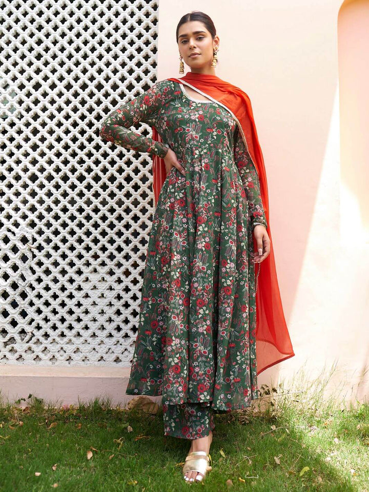 Green Floral Printed Kurta Palazzo Set  - By Janasya