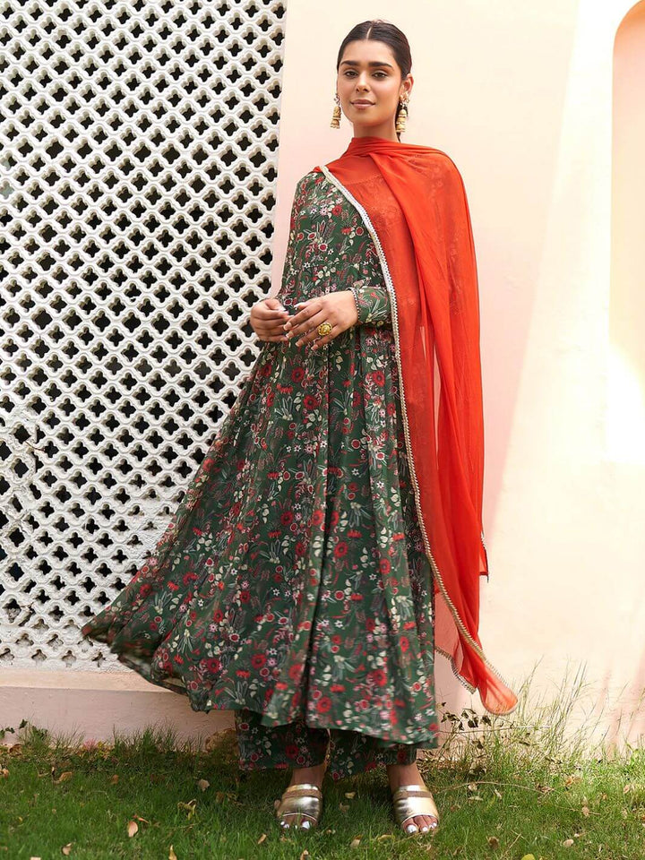 Green Floral Printed Kurta Palazzo Set  - By Janasya