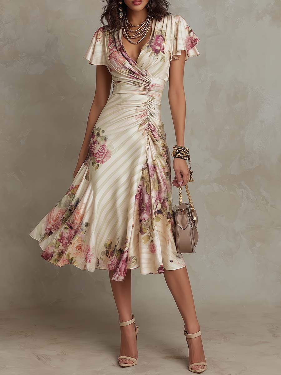 Alba | Elegant Floral Ruched Wrap Midi Dress by Qivii