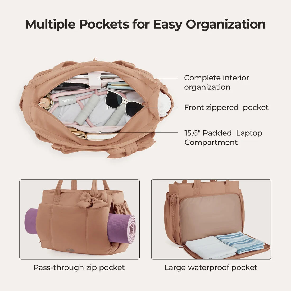 Ounamei Large Nylon Tote Bag for Women | Work Laptop Gym Travel Shoulder Bag with Yoga Mat Strap 23L