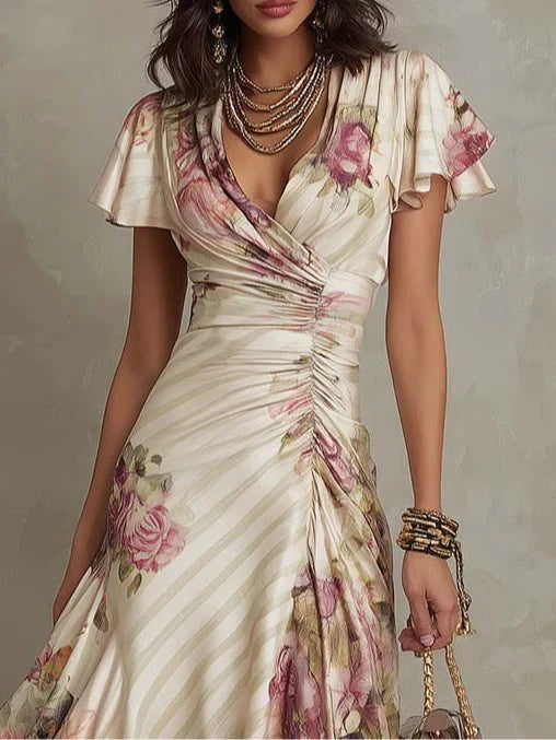 Alba | Elegant Floral Ruched Wrap Midi Dress by Qivii