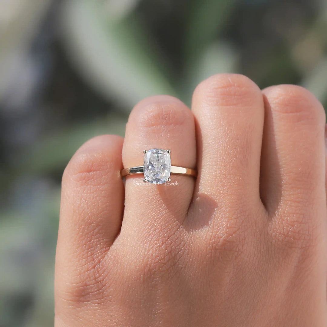 Colorless Elongated Cushion Cut Solitaire Moissanite Ring