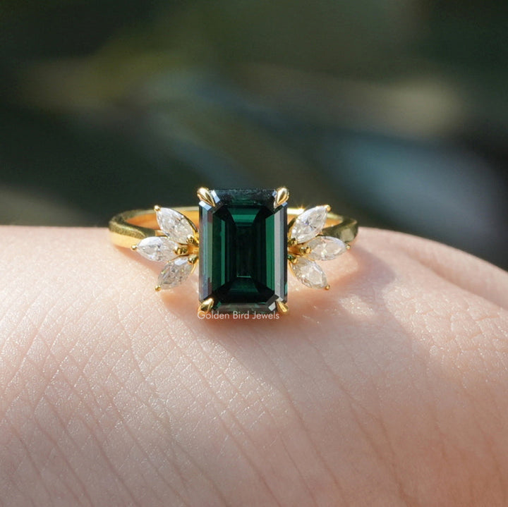 Dark Green Emerald And Marquise Cut Engagement Ring