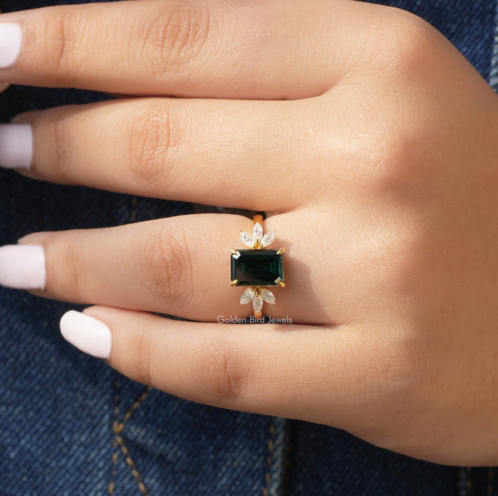 Dark Green Emerald And Marquise Cut Engagement Ring