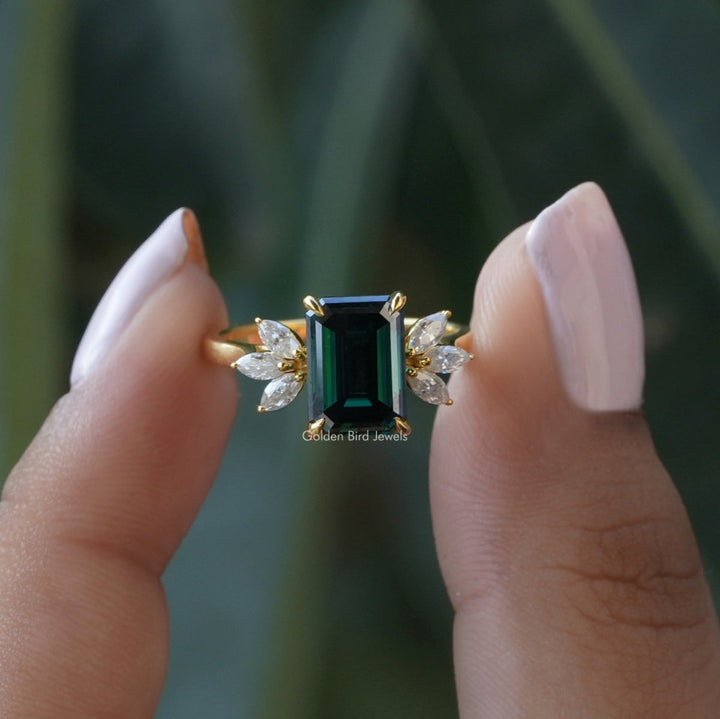 Dark Green Emerald And Marquise Cut Engagement Ring