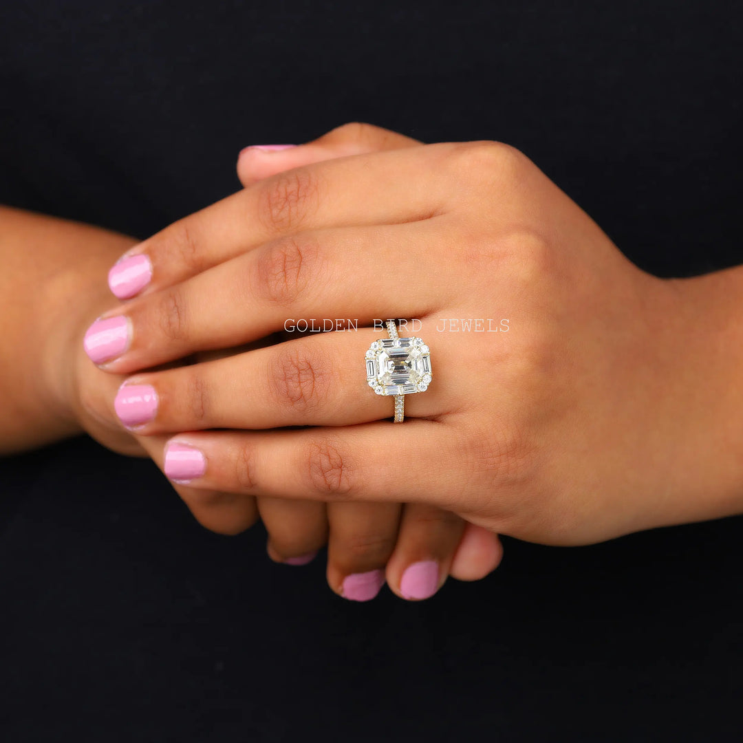 Emerald And Baguette Moissanite Halo Engagement Ring