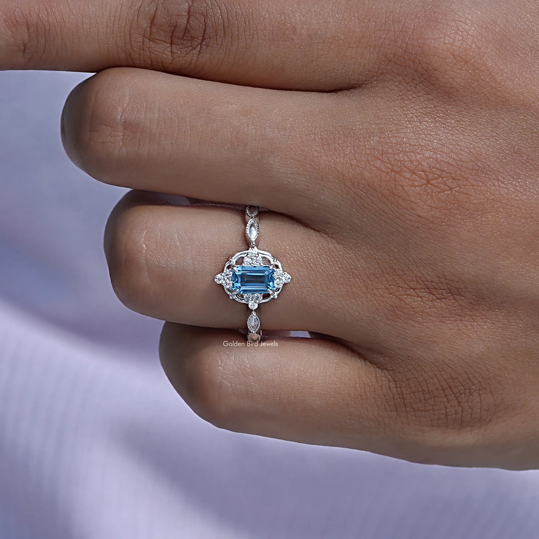 Emerald Cut London Blue Topaz Gemstone Halo Ring