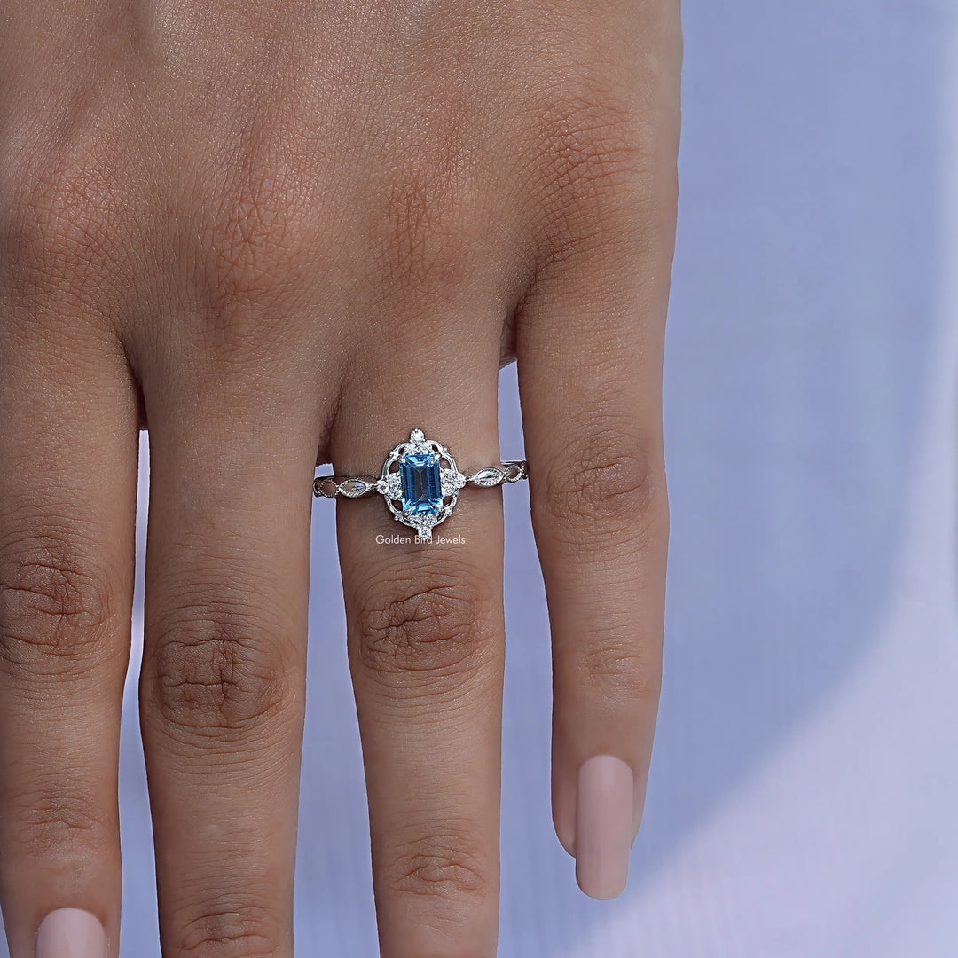 Emerald Cut London Blue Topaz Gemstone Halo Ring