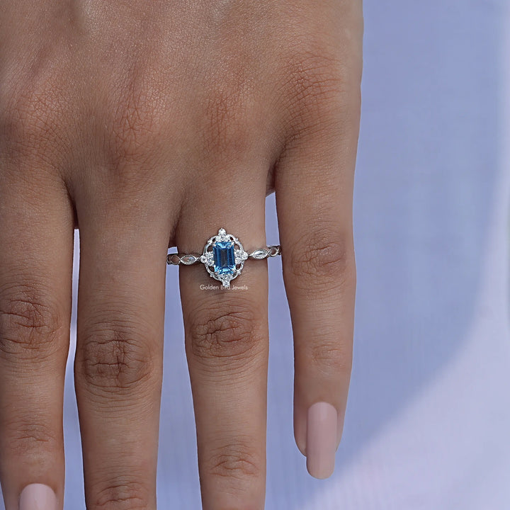 Emerald Cut London Blue Topaz Gemstone Halo Ring