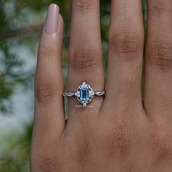 Emerald Cut London Blue Topaz Gemstone Halo Ring