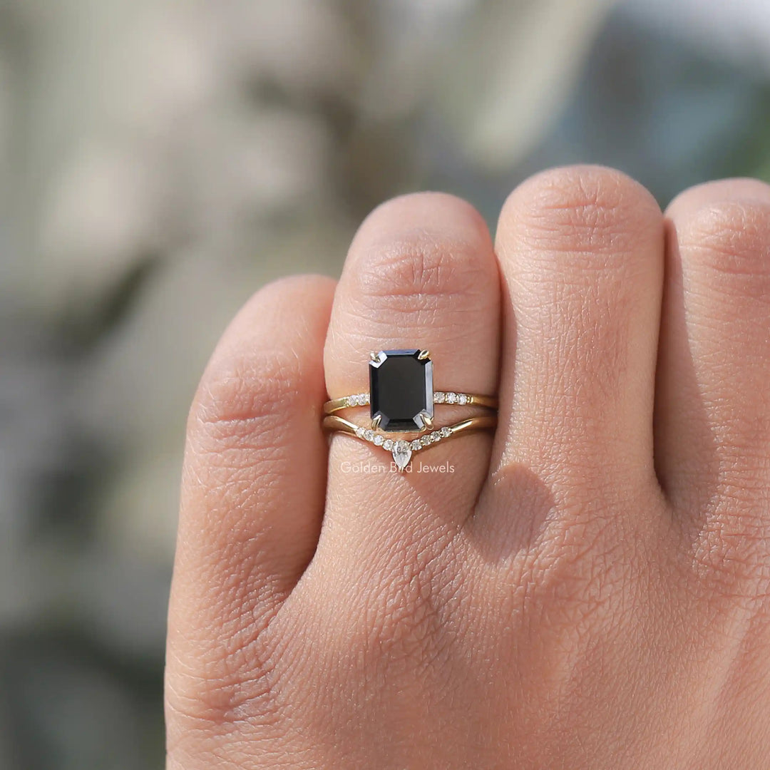 Black Emerald Cut Moissanite Bridal Ring Set