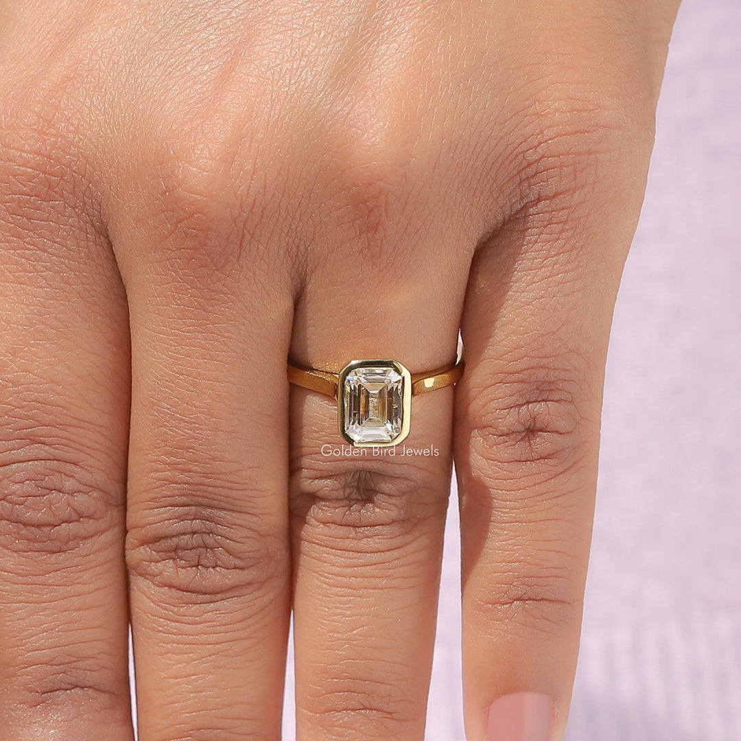 Emerald Cut Moissanite Bezel Set Engagement Ring