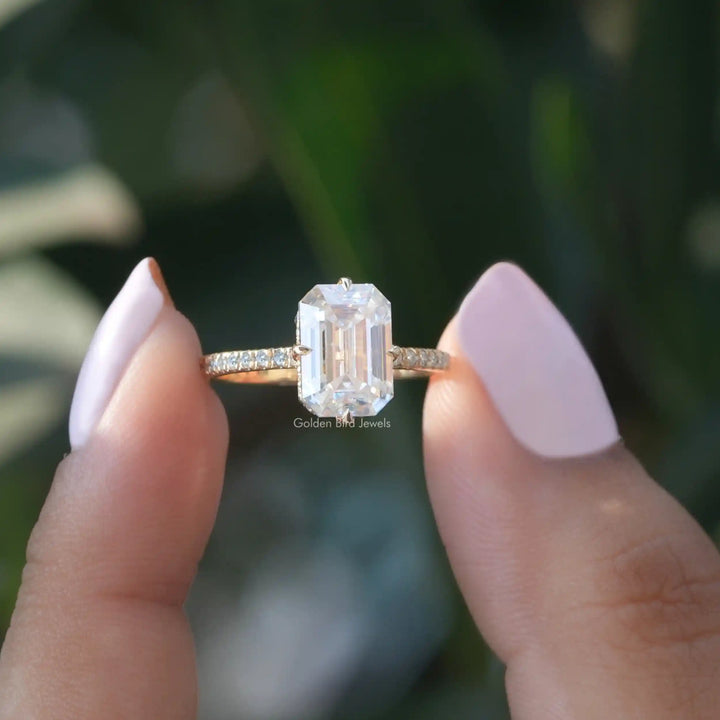 Emerald Cut Moissanite Hidden Halo Engagement Ring