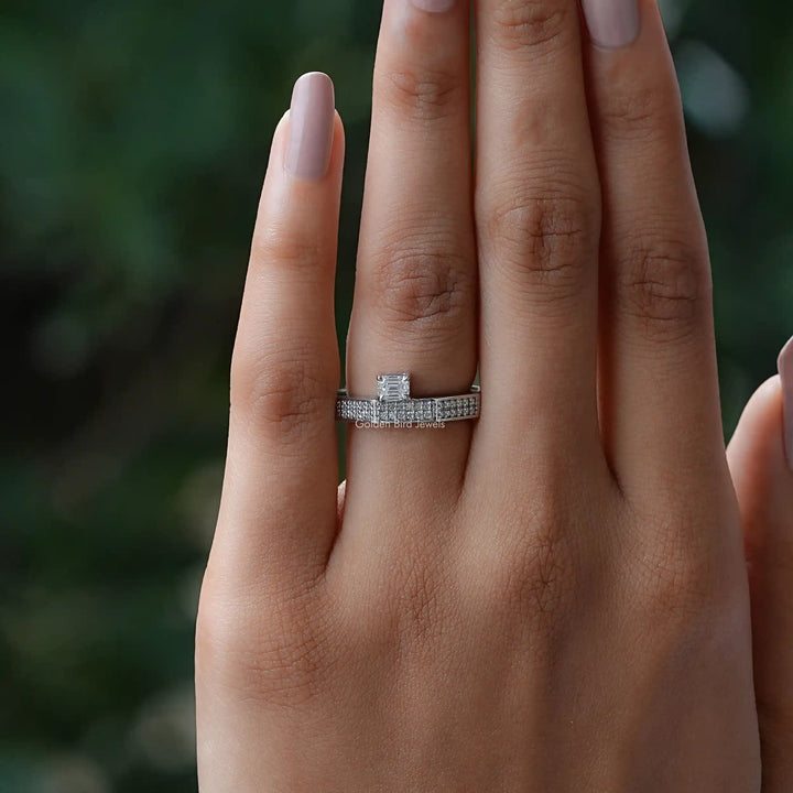 East West Emerald Cut Moissanite Pave Ring