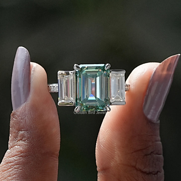 Emerald Cut Moissanite Three Stone Ring