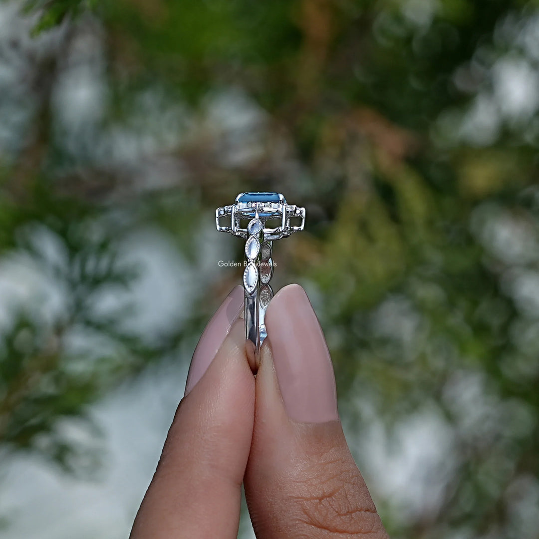 Emerald Cut London Blue Topaz Gemstone Halo Ring