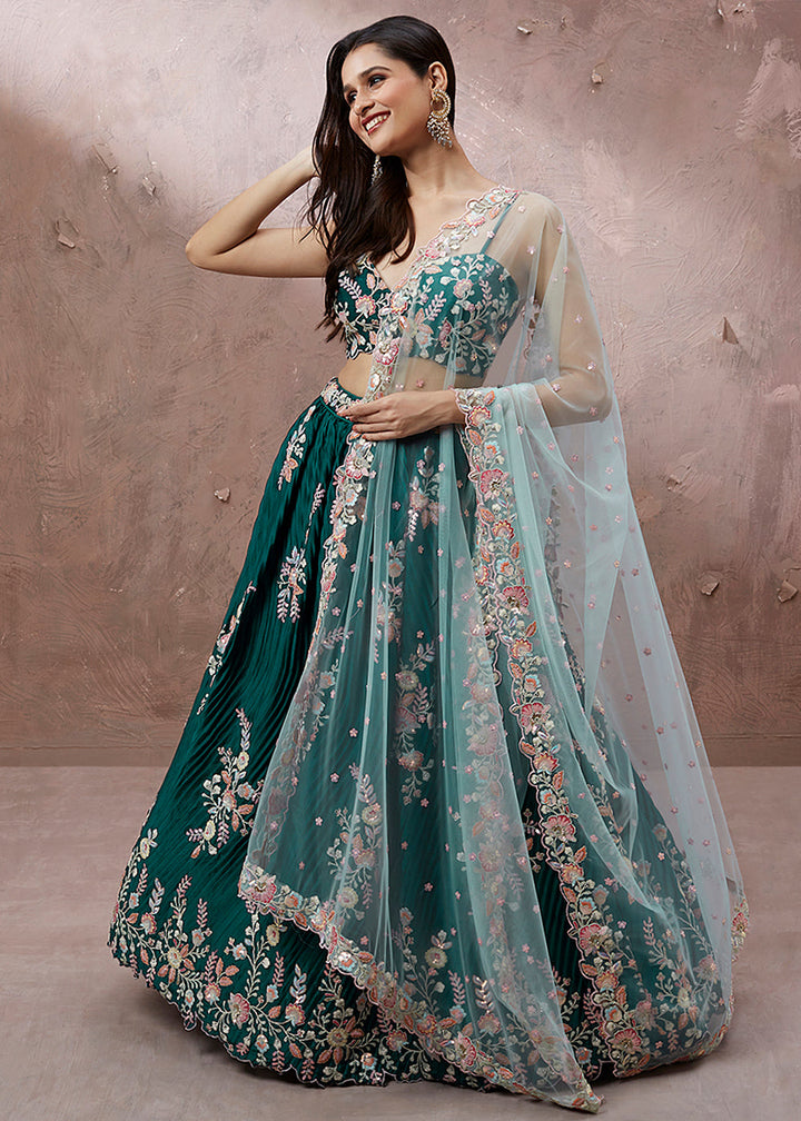 Teal Green Georgette Designer Lehenga Choli with Zari, Sequins & Thread work