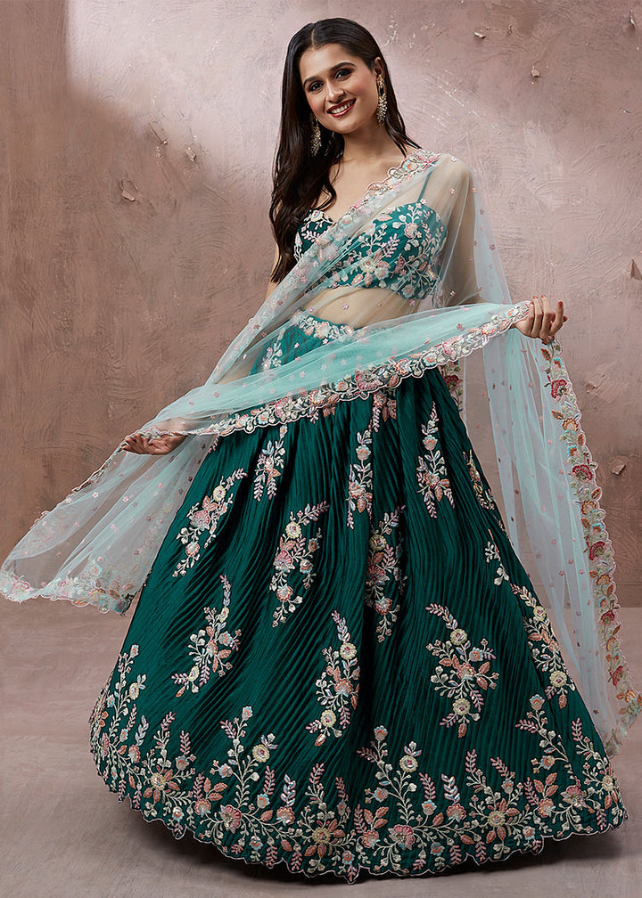 Teal Green Georgette Designer Lehenga Choli with Zari, Sequins & Thread work