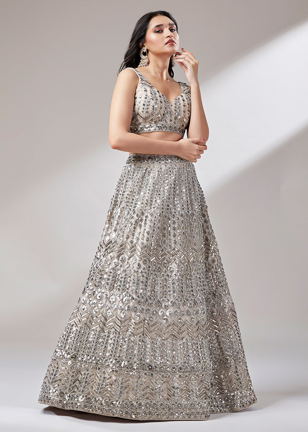 Beige Brown Net Designer Lehenga Choli with Mirror & Sequins work | Ready To Wear - qivii