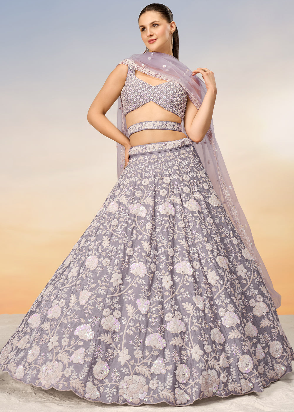 Floral Mauve Purple Georgette Lehenga Choli with Sequins & Zarkan Embroidery work | Ready To Wear - qivii
