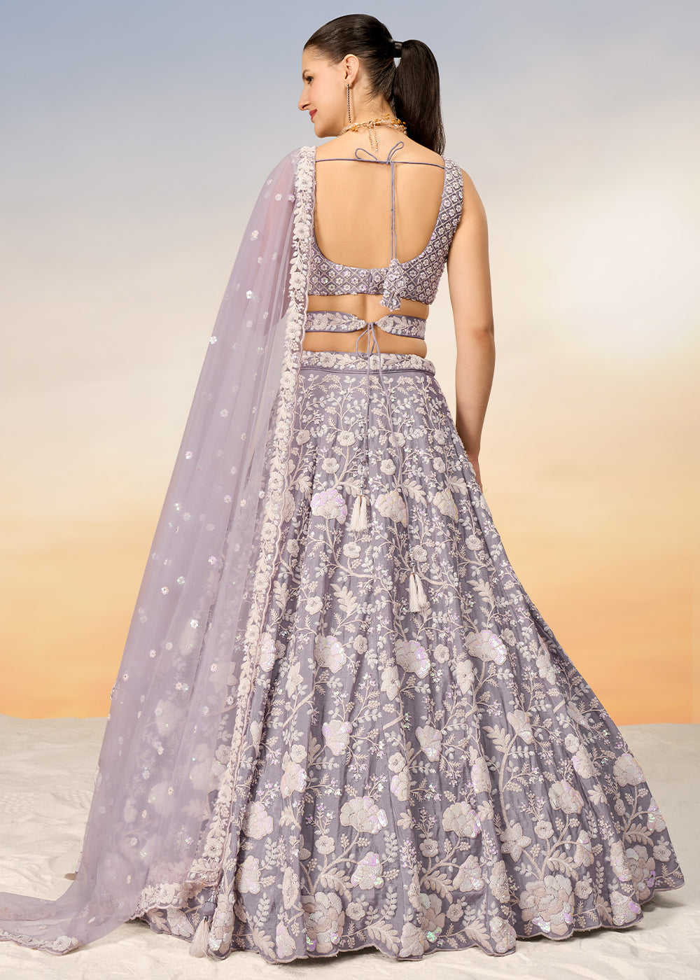 Floral Mauve Purple Georgette Lehenga Choli with Sequins & Zarkan Embroidery work | Ready To Wear - qivii