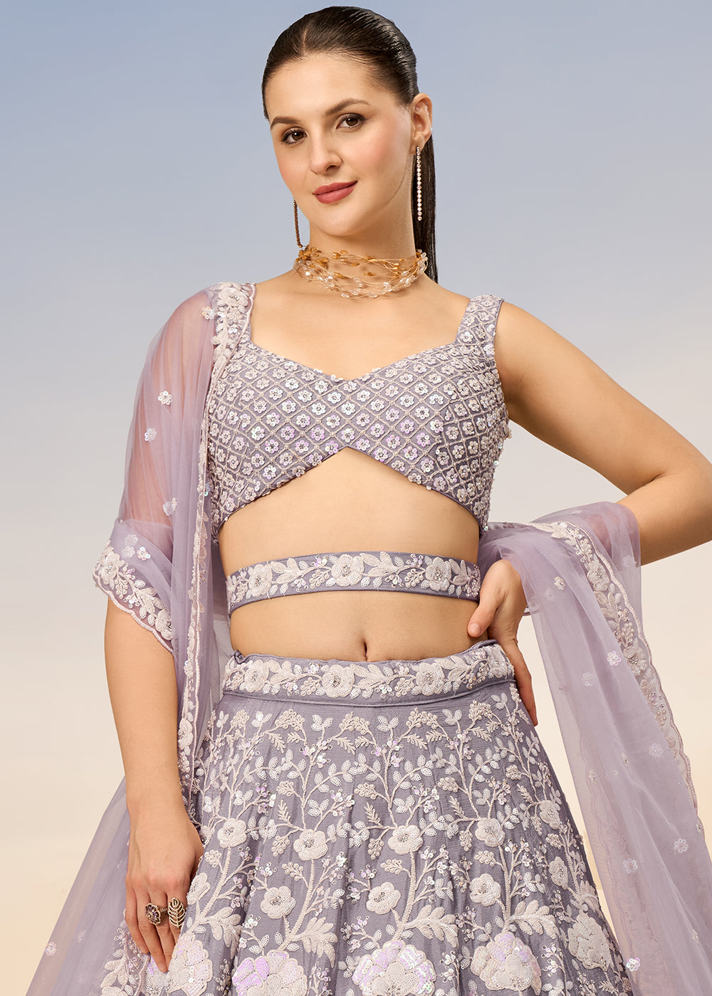 Floral Mauve Purple Georgette Lehenga Choli with Sequins & Zarkan Embroidery work | Ready To Wear - qivii
